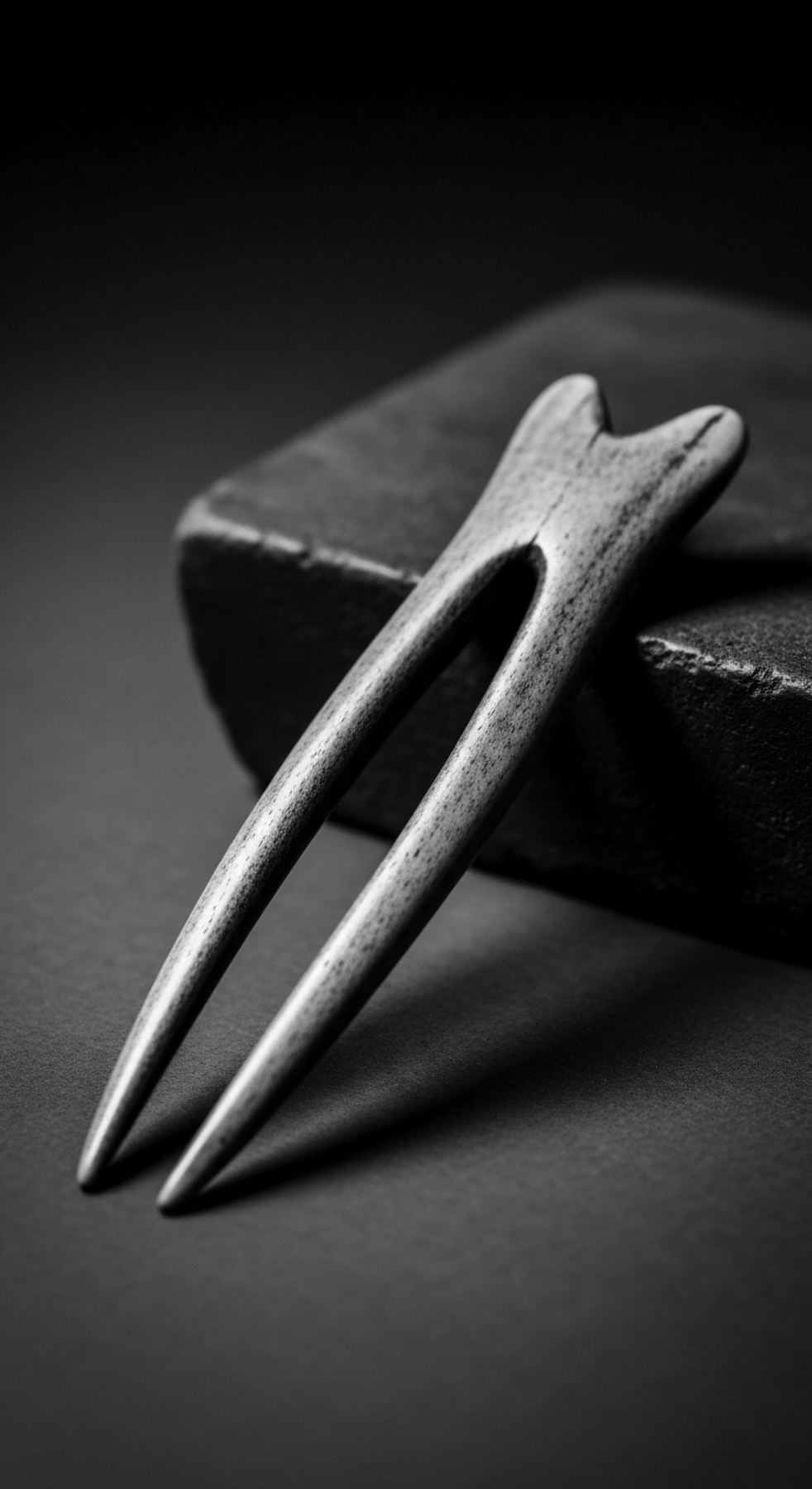 A close-up, black and white image highlights a hand-carved wooden hair fork resting against a textured stone surface. The hairpin's form—two tines converging into a heart-shaped top—emphasizes heritage. Light and shadow accentuate the natural wood grain, reflecting ancestral hair traditions and thoughtful styling for textured hair forms.