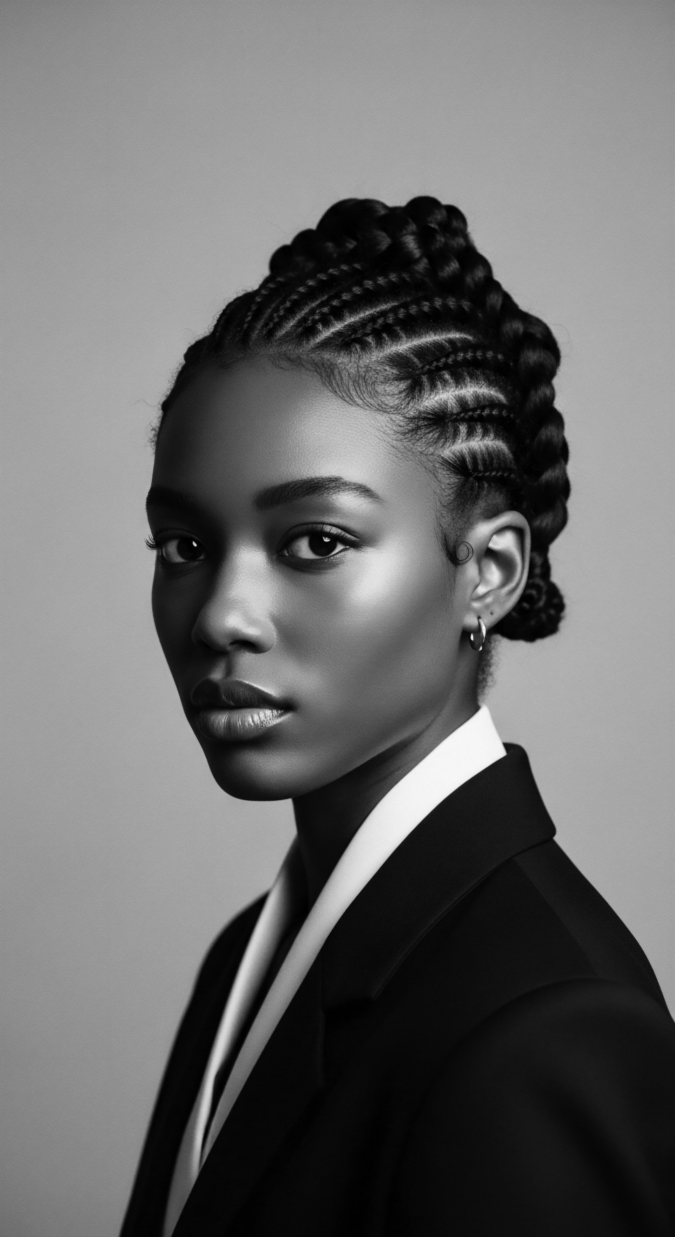A striking black and white portrait showcases a woman with intricately styled cornrow braids swept into an elegant updo. Her dignified gaze and the sharp tailoring of her suit suggest confidence and professionalism. The image highlights her natural radiance, textured hair traditions, and contemporary sophistication, blending ancestral heritage with modern expression.