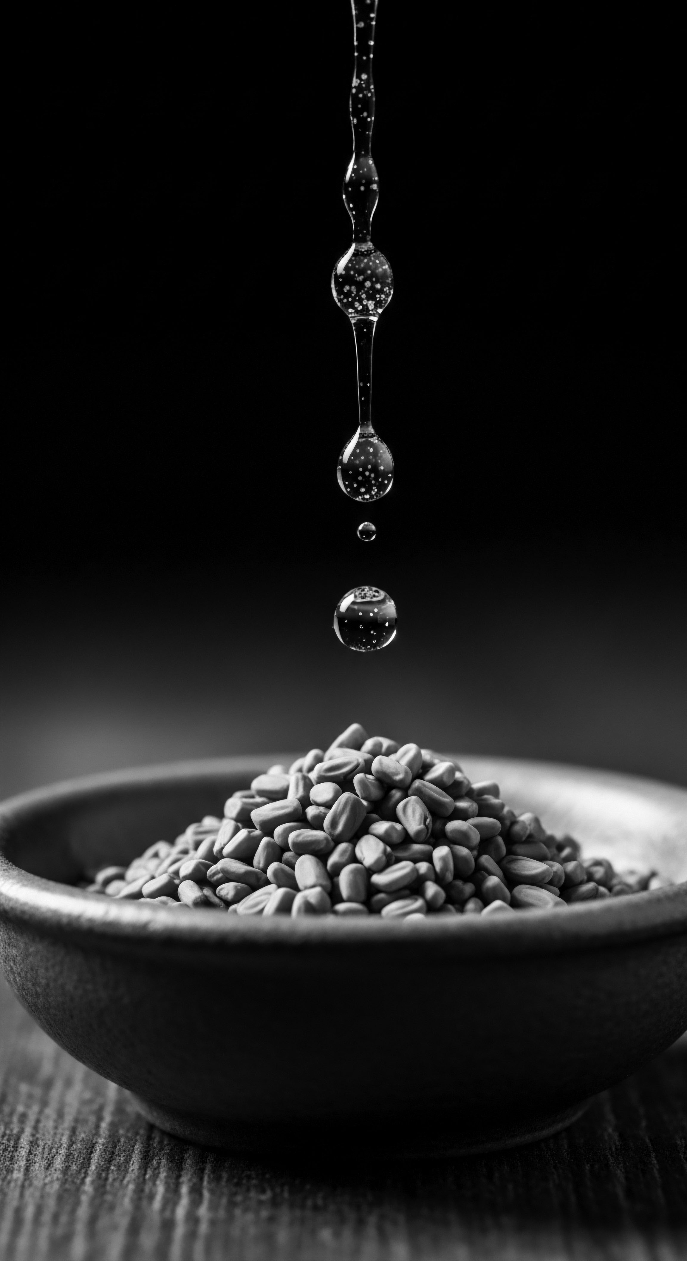 A black and white study captures clear drops of water falling onto a mound of tan fenugreek seeds in a simple bowl. The play of light emphasizes the seeds textures, highlighting their potential use in ancestral holistic hair masks and hair care. Fenugreek promotes scalp health and hair resilience.
