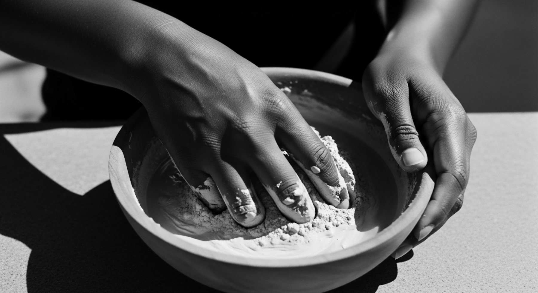 Monochrome photograph captures dark-skinned hands blending a light-toned clay mask within a rustic bowl. The scene evokes a sense of ancestral heritage and mindful beauty ritual. Shadow and highlight define the hand contours and bowl's form emphasizing the tactile engagement integral to holistic wellness.