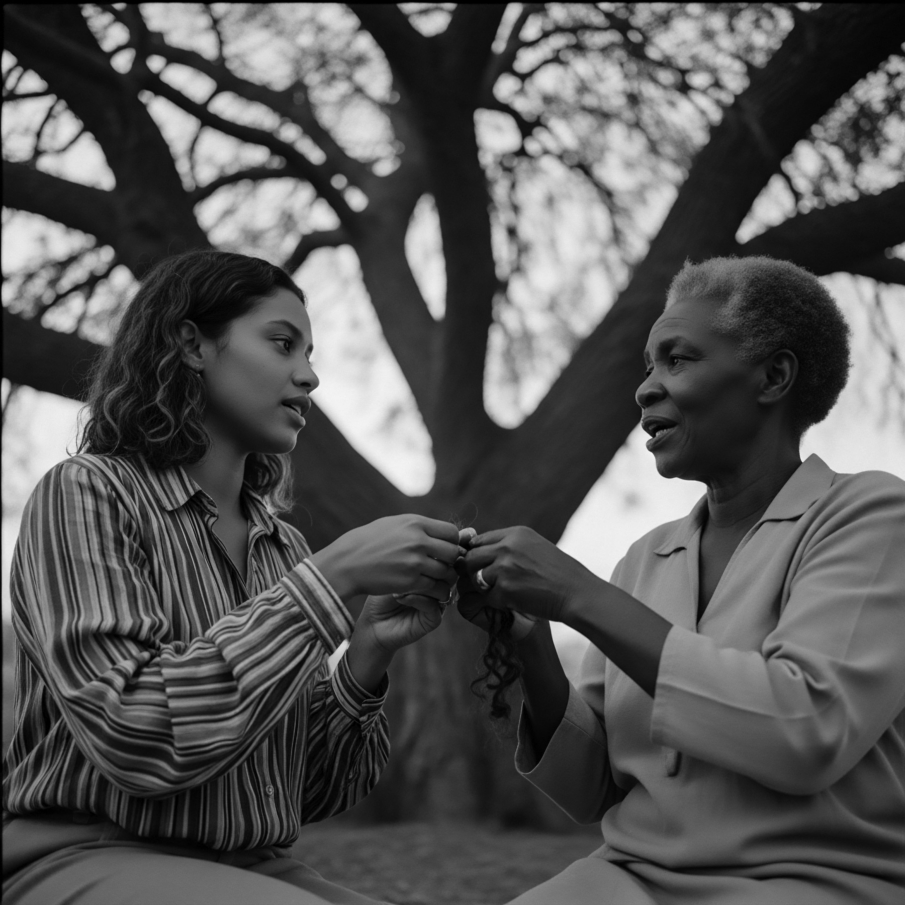 This black and white photo captures an elder and younger person of color, likely family members, tending to textured hair. A connection through ancestral practices highlighting the importance of passing down traditional hair knowledge. Details emphasis natural hair formations and cultural heritage.