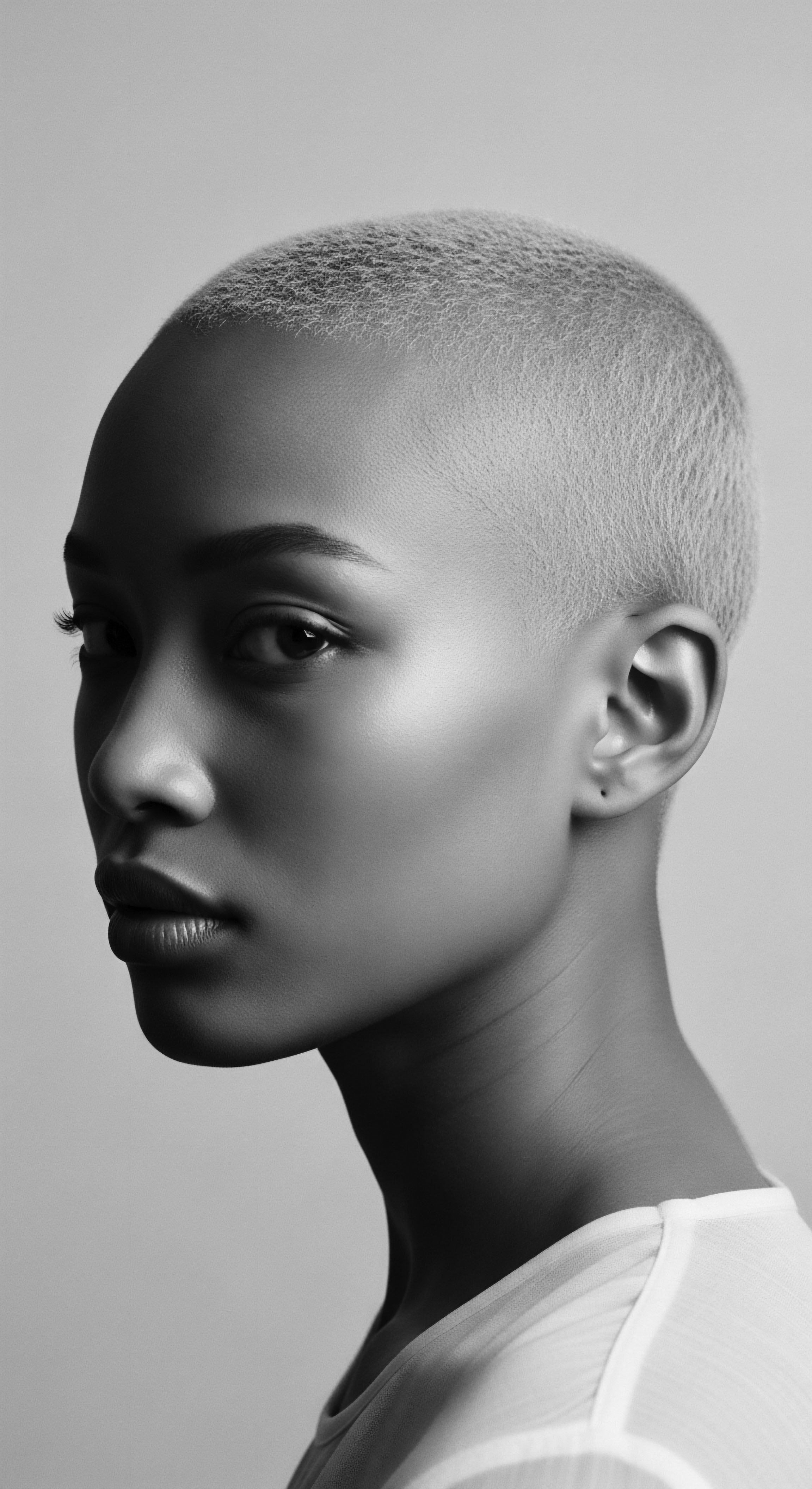 A striking black and white portrait reveals a woman with closely-cropped hair, emphasizing bone structure and her radiant skin. The dramatic interplay of light and shadow defines contours, drawing attention to her intense gaze. This image embodies minimalist beauty, modern elegance, and a confident expression of self-acceptance through textured hair style.