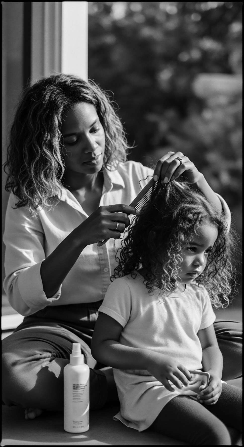 A monochrome portrait captures a mother gently tending to her daughter's coily hair near a window, bathed in soft light. A product bottle rests nearby, suggesting a holistic approach. The image evokes themes of heritage, nurture, and the intimate connection between generations through grooming rituals. Hair type is coily, detailed haircare is a part of wellness.