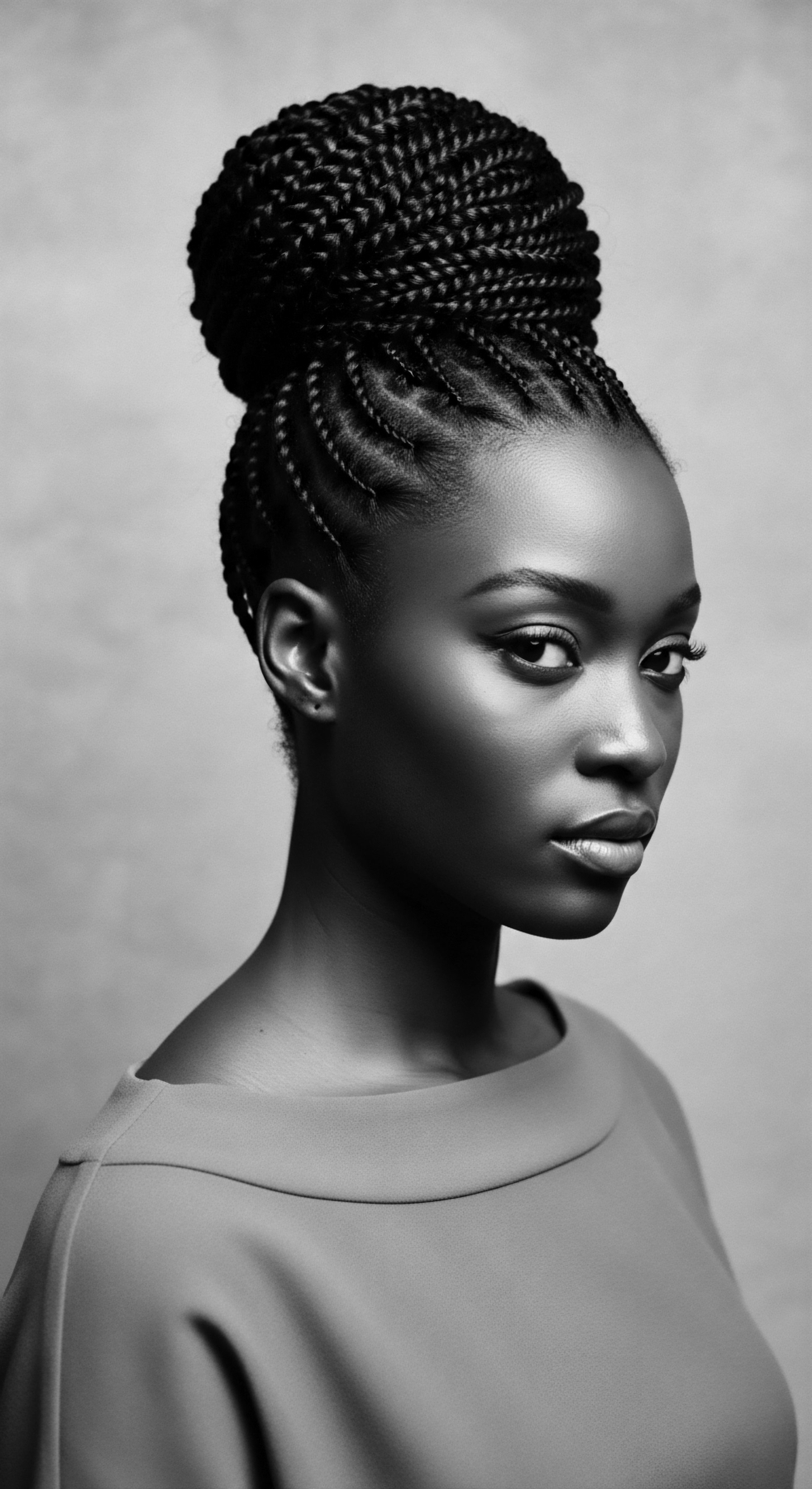 Black and white portrait highlights a woman with intricate braided hair styled into a high bun, emphasizing the texture and geometric precision of the cornrows leading up. The image subtly explores themes of Black hair traditions and expressive styling, showcasing the beauty and cultural significance within textured hair communities.