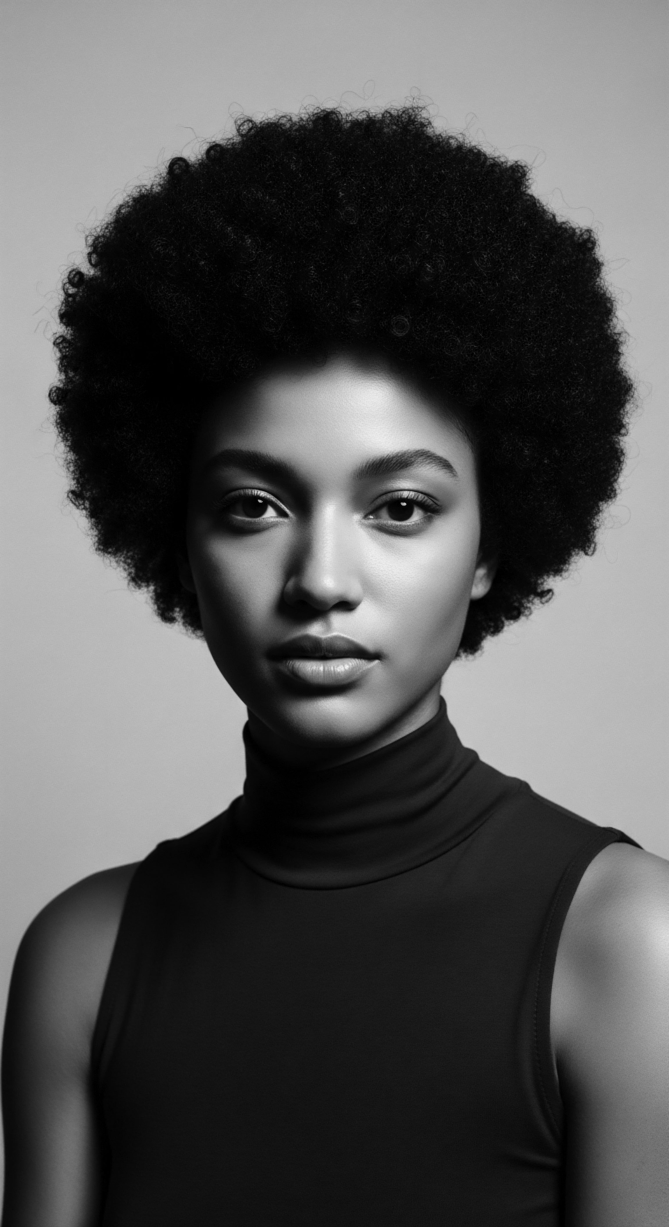 A monochrome studio portrait captures a young woman with a voluminous afro, showcasing its dense, coiled texture. Her features are highlighted by soft light, contrasting with the dark, form-fitting sleeveless turtleneck. The image conveys strength and natural beauty while celebrating the richness of Black hair traditions.