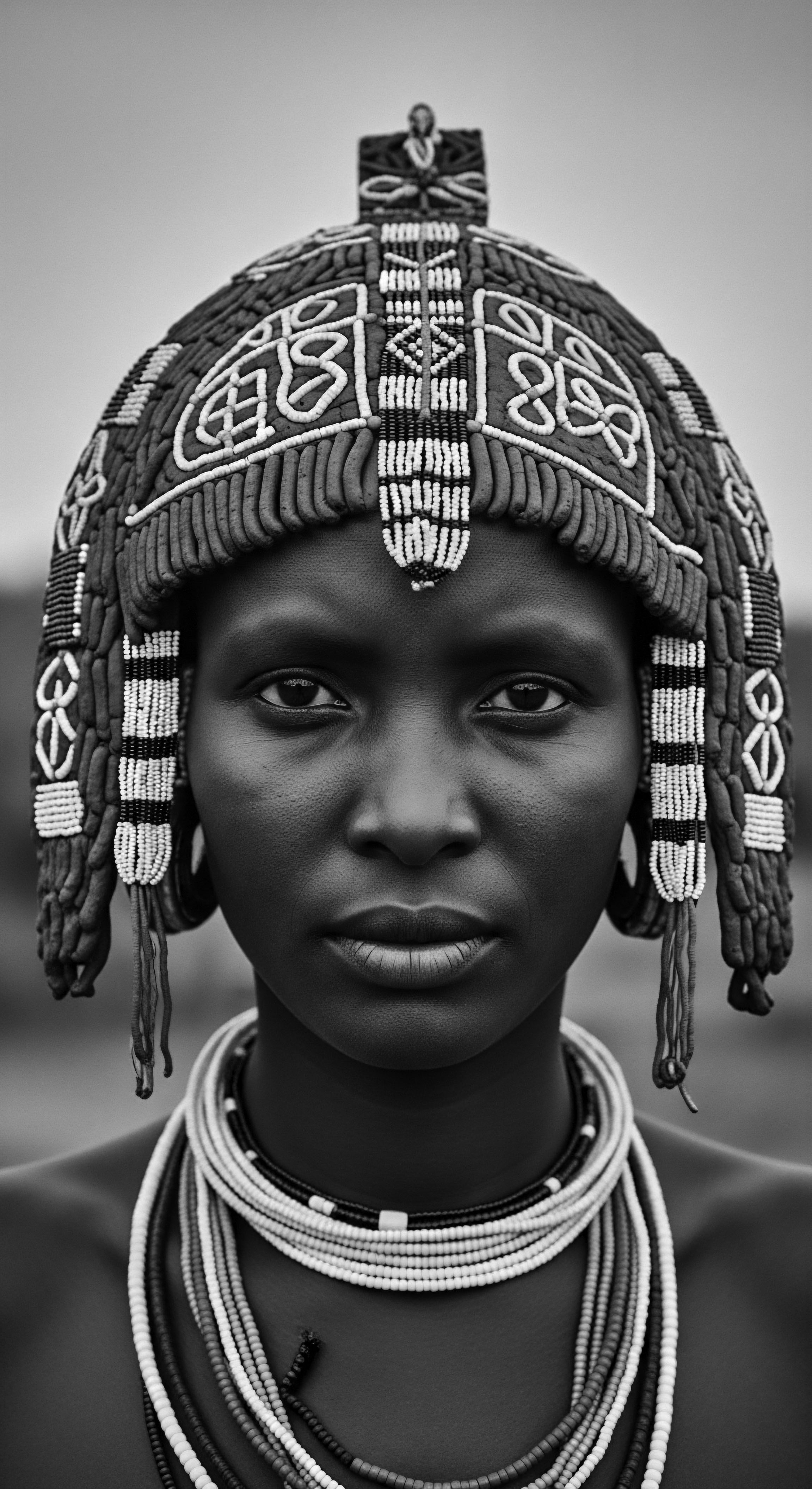 Captured is a compelling monochrome portrait featuring a woman adorned with an ornate beaded headdress, embodying profound ancestral heritage multiple beaded necklaces accentuate her neck while her focused gaze conveys resilience, her skin displaying rich melanin this composition emphasizes cultural identity, holistic adornment, and celebrates black beauty through artistic expression.