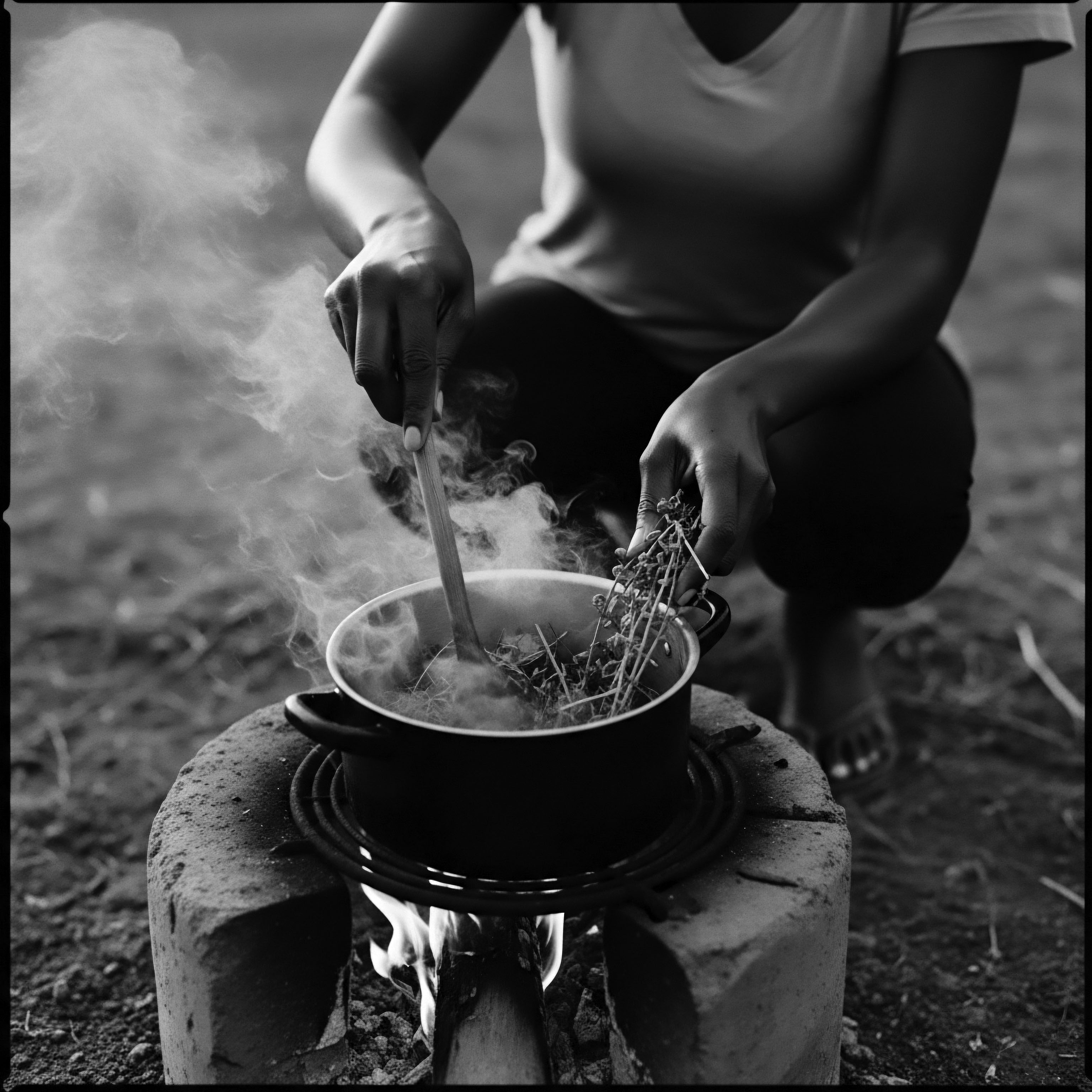 A kneeling woman prepares a potential ancestral textured hair remedy in a black pot over an open fire. Smoke rises as she stirs with one hand, adding botanical ingredients with the other. The black and white image underscores heritage and holistic hair care practices in raw, natural settings, emphasizing a connection to ancestral wisdom.